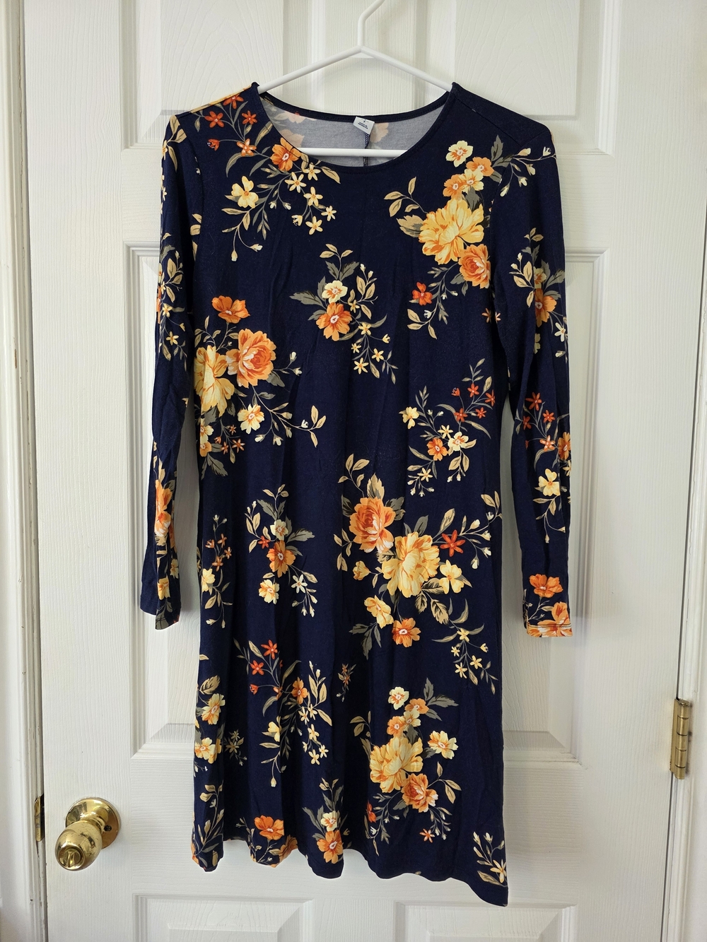 Navy Floral Long-Sleeve A-Line Dress